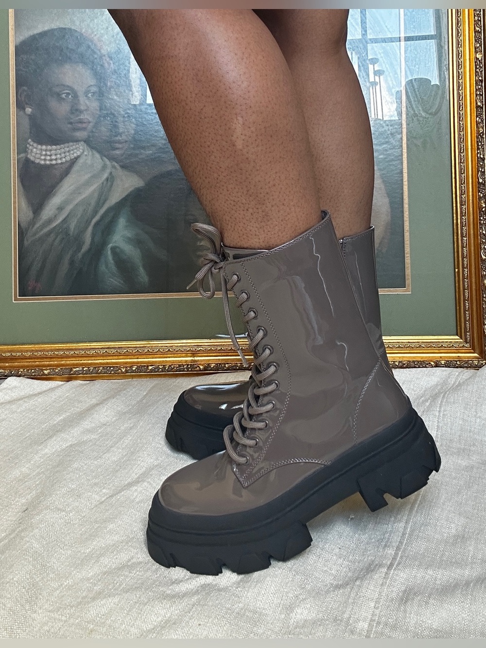 Taupe Patent Combat Goth Grunge Boots Chunky Platform Lug Sole Lace Up Zip Ankle
